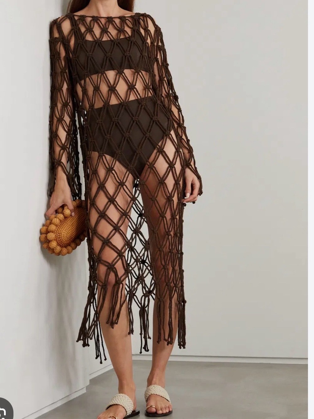 Faithfull the Brand Open-Knit Fringe Sweater Cover-Up in Dark Brown